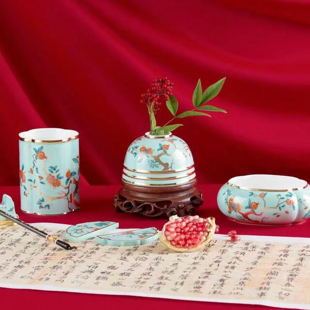 令媛红石榴文房6件套骨瓷搪瓷描金文房套装